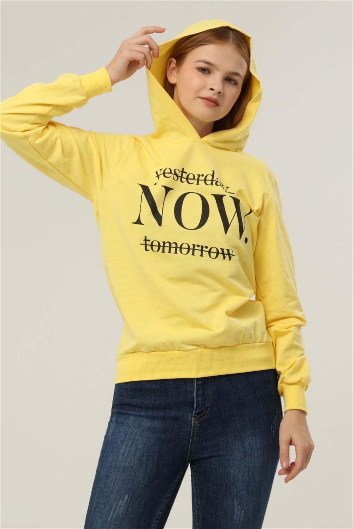 Sweatshirt Kadın Now Baskılı Kapüşonlu Sweatshirt Sarı