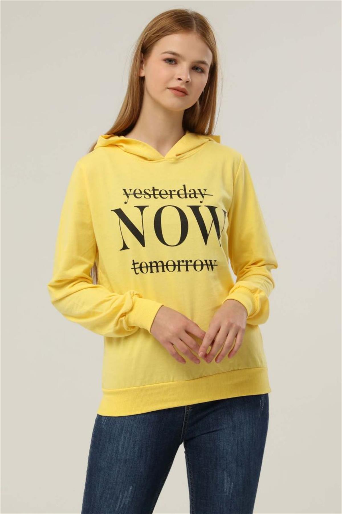 Sweatshirt Kadın Now Baskılı Kapüşonlu Sweatshirt Sarı