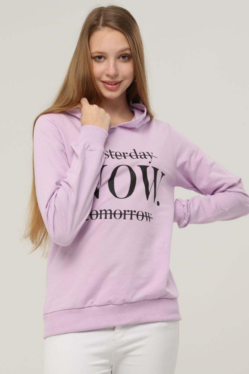 Sweatshirt Kadın Now Baskılı Kapüşonlu Sweatshirt Lila