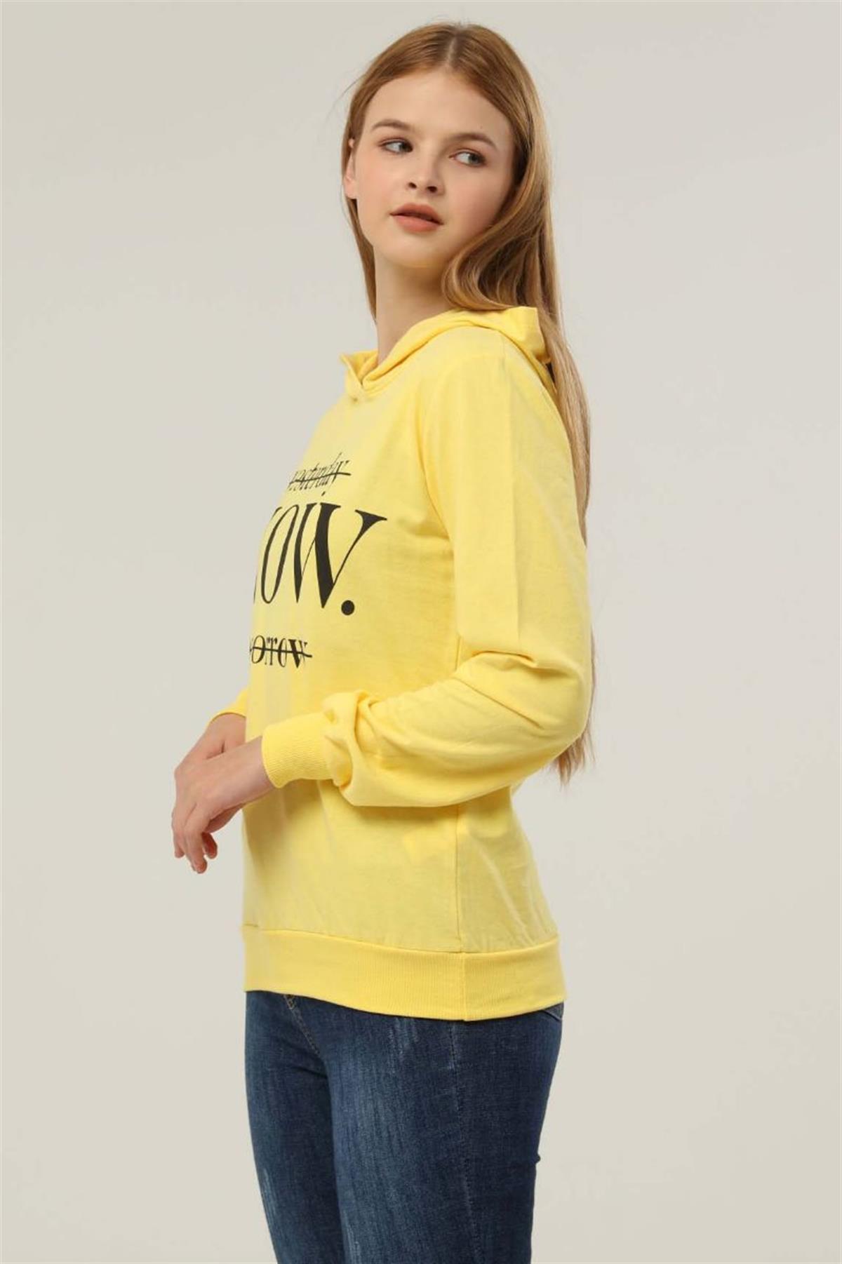 Sweatshirt Kadın Now Baskılı Kapüşonlu Sweatshirt Sarı