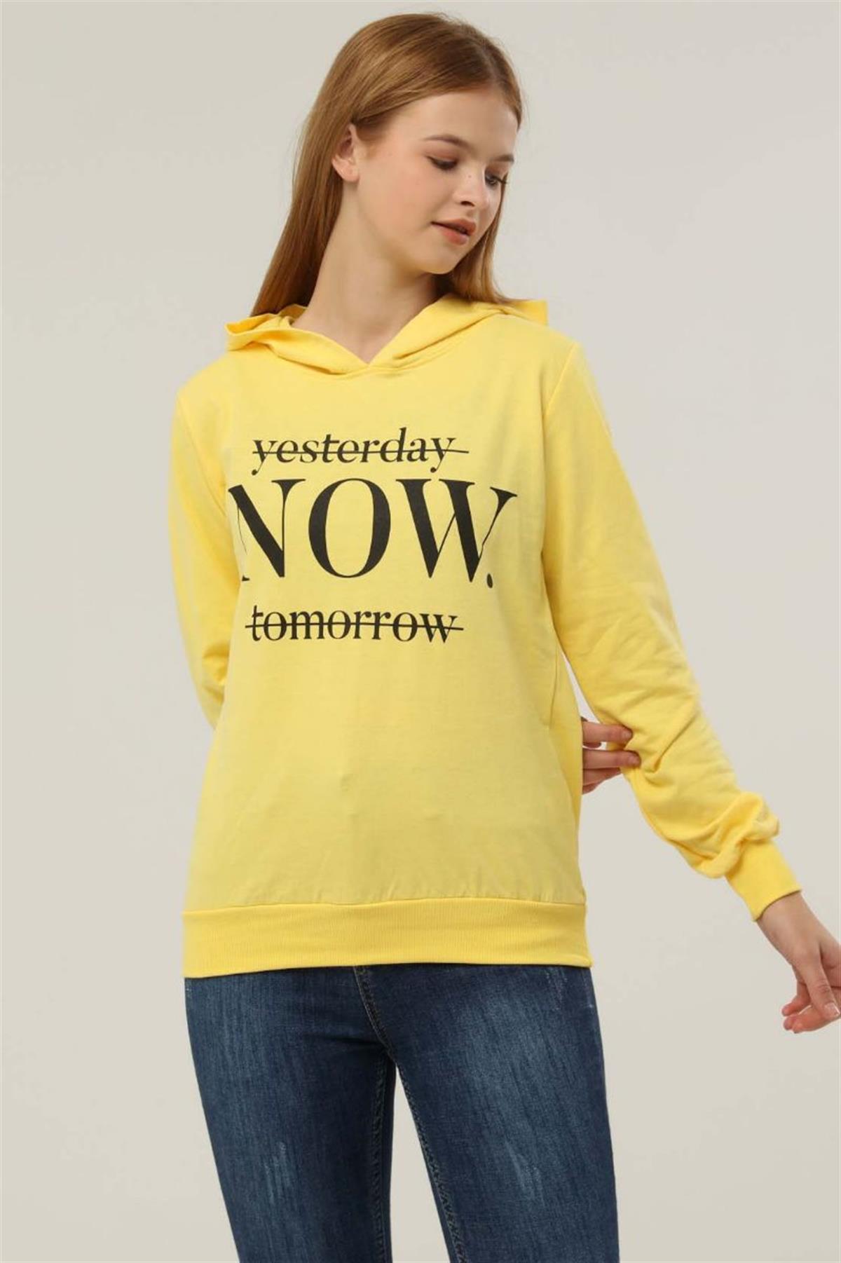 Sweatshirt Kadın Now Baskılı Kapüşonlu Sweatshirt Sarı