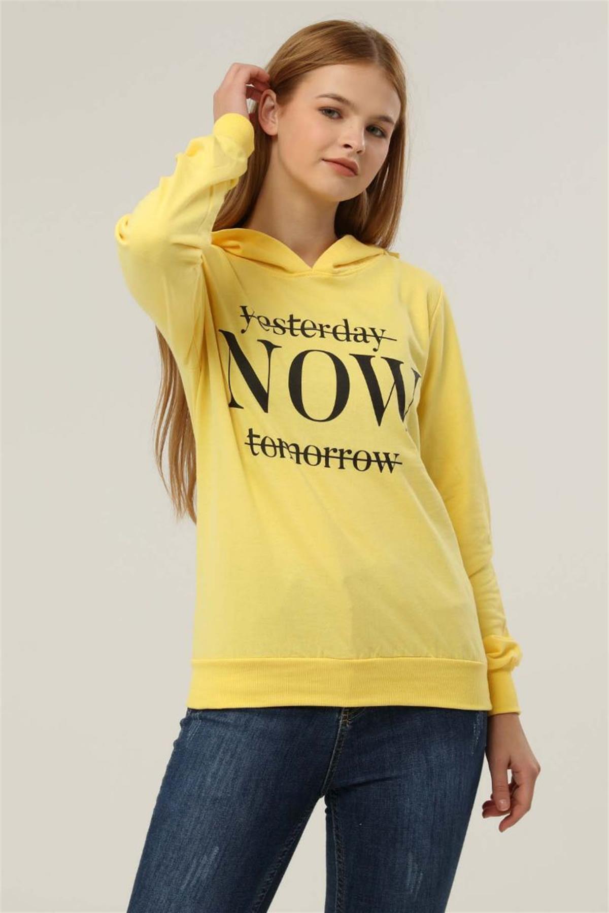 Sweatshirt Kadın Now Baskılı Kapüşonlu Sweatshirt Sarı