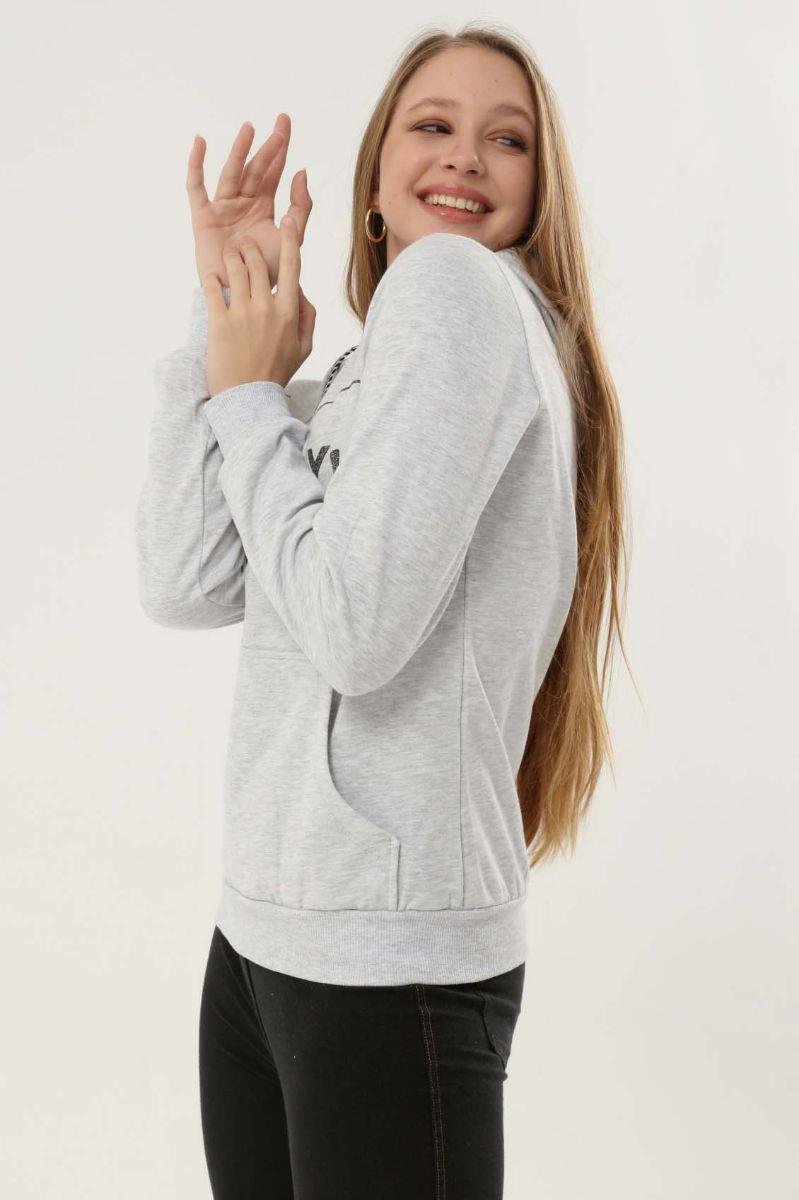 Sweatshirt Kadın Önü Baskılı Kapüşonlu Kanguru Cepli Sweatshirt Gri