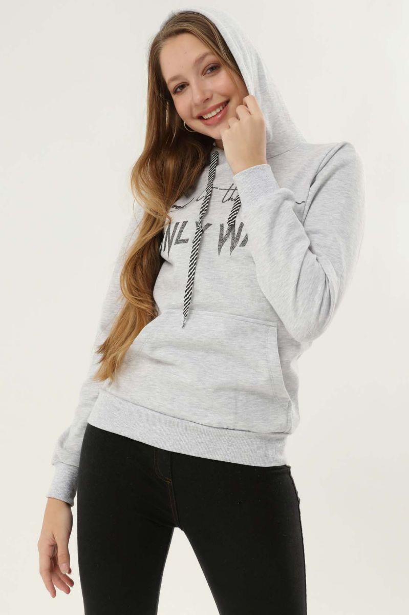 Sweatshirt Kadın Önü Baskılı Kapüşonlu Kanguru Cepli Sweatshirt Gri