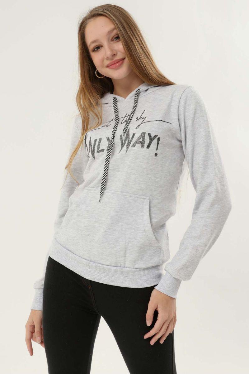 Sweatshirt Kadın Önü Baskılı Kapüşonlu Kanguru Cepli Sweatshirt Gri