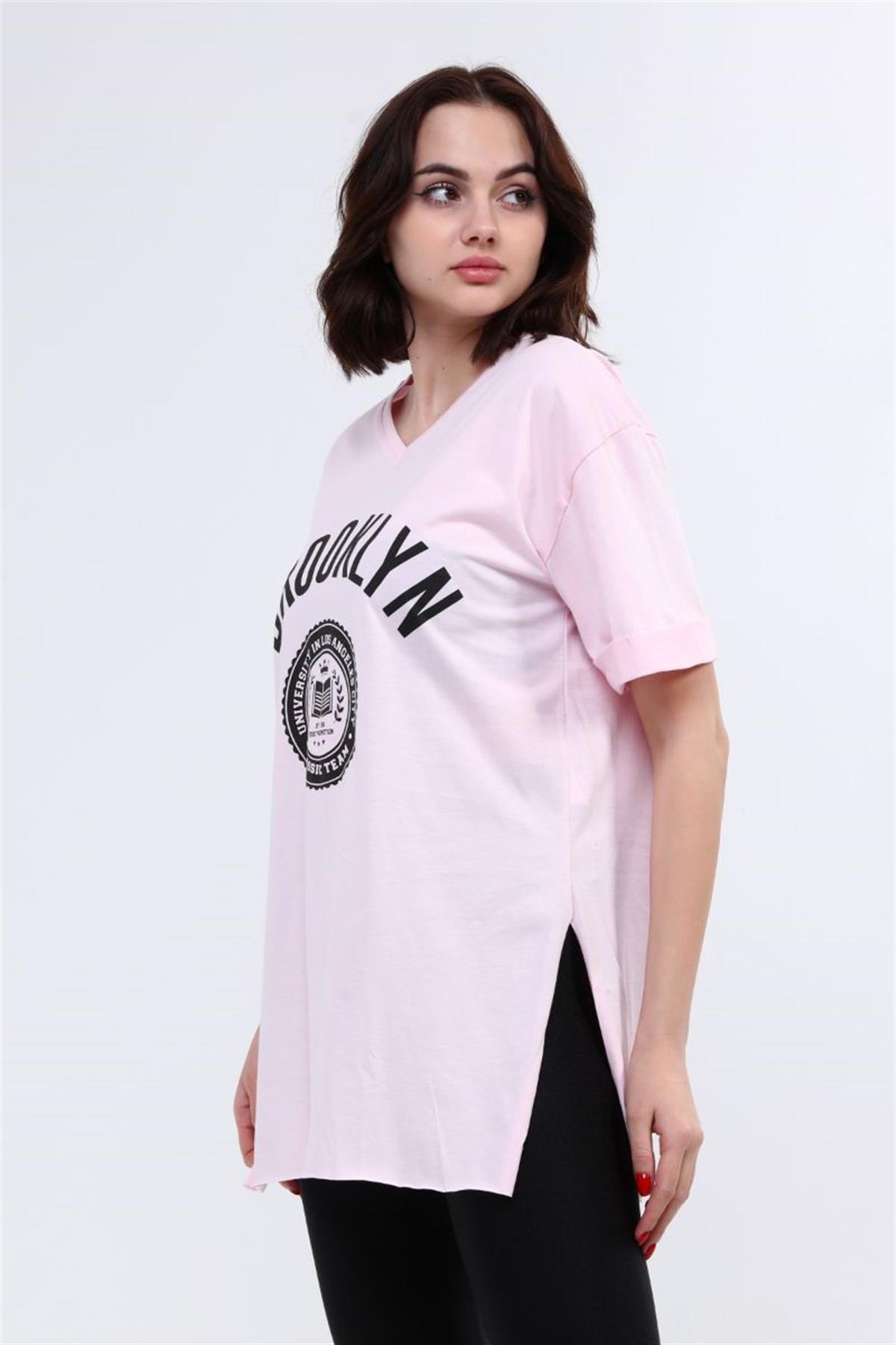 Tshirt Kadın Önü Baskılı Yırtmaçlı T-Shirt Pembe