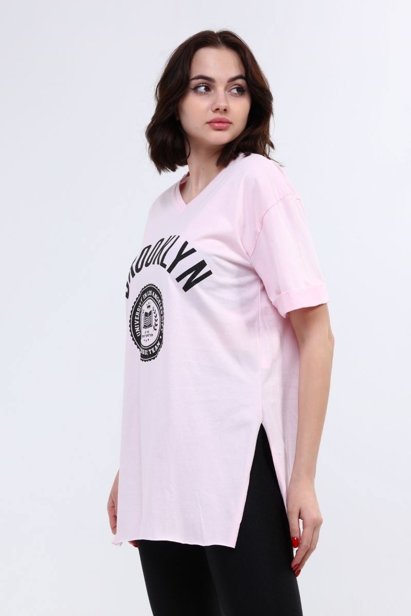 Tshirt Kadın Önü Baskılı Yırtmaçlı T-Shirt Pembe