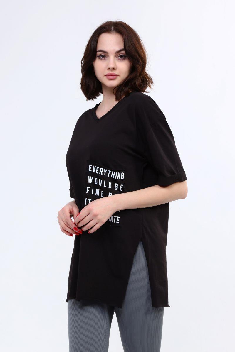 Tshirt Kadın Önü Cepli Yırtmaçlı T-Shirt Siyah
