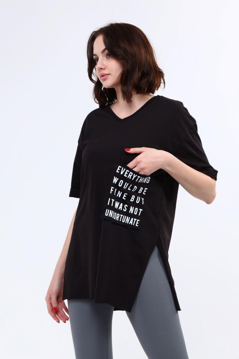 Tshirt Kadın Önü Cepli Yırtmaçlı T-Shirt Siyah