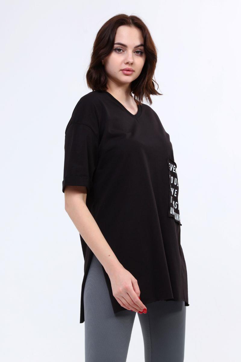 Tshirt Kadın Önü Cepli Yırtmaçlı T-Shirt Siyah