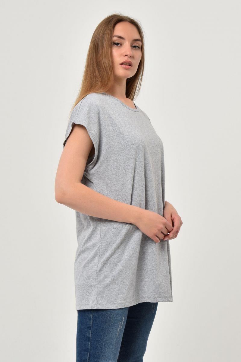 Tshirt Kadın Oversize Basic Yarasa Kol T-Shirt Gri