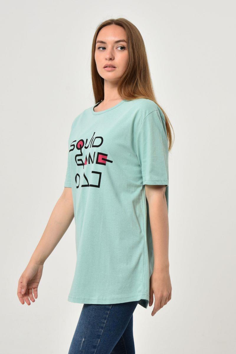 Tshirt Kadın Oversize Squid Game Baskılı T-Shirt Mint Yeşili