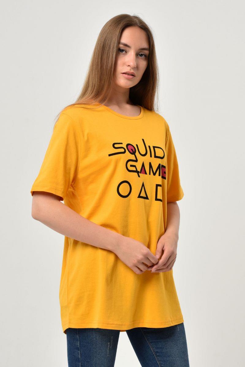 Tshirt Kadın Oversize Squid Game Baskılı T-Shirt Hardal