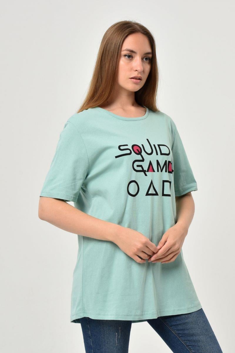 Tshirt Kadın Oversize Squid Game Baskılı T-Shirt Mint Yeşili
