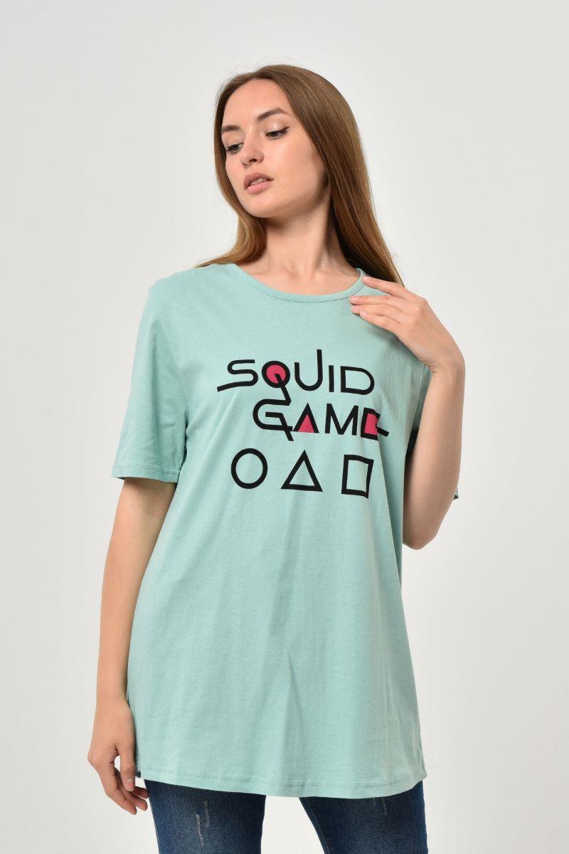 Tshirt Kadın Oversize Squid Game Baskılı T-Shirt Mint Yeşili