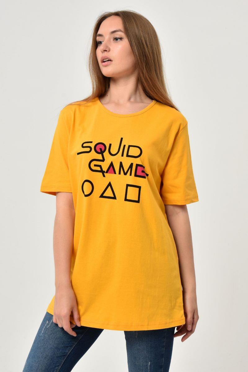 Tshirt Kadın Oversize Squid Game Baskılı T-Shirt Hardal