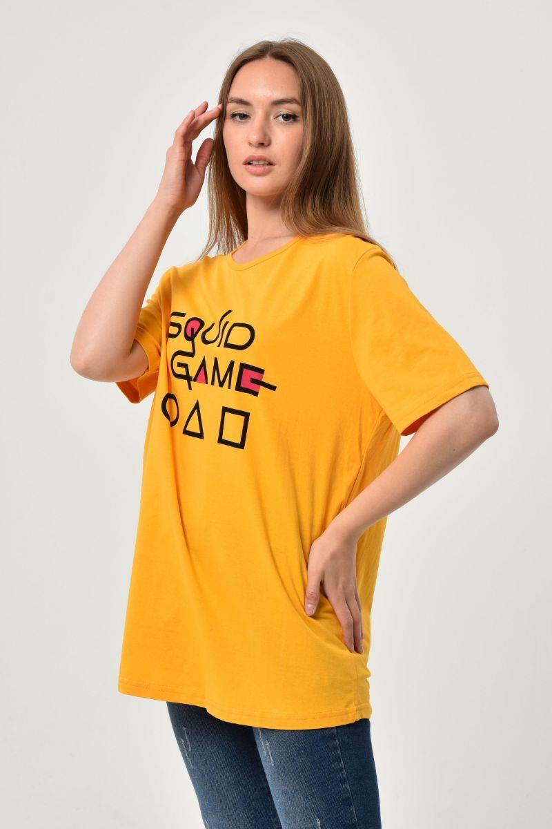 Tshirt Kadın Oversize Squid Game Baskılı T-Shirt Hardal