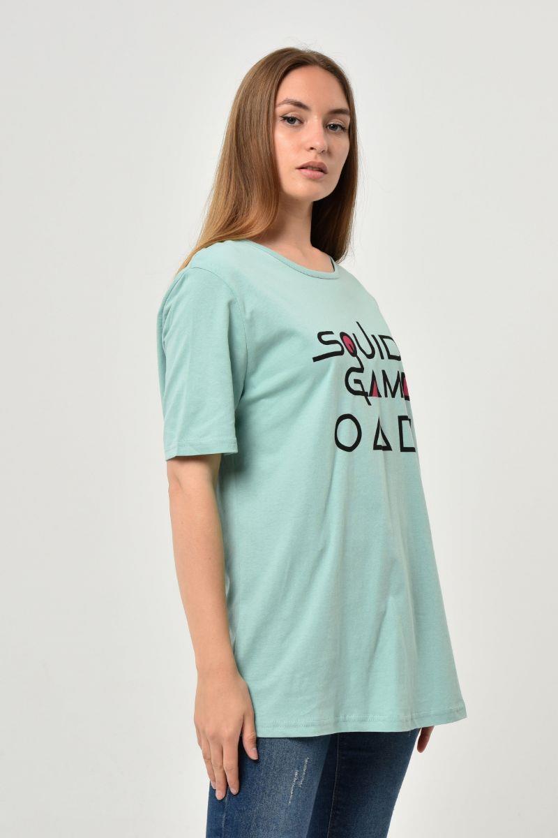 Tshirt Kadın Oversize Squid Game Baskılı T-Shirt Mint Yeşili