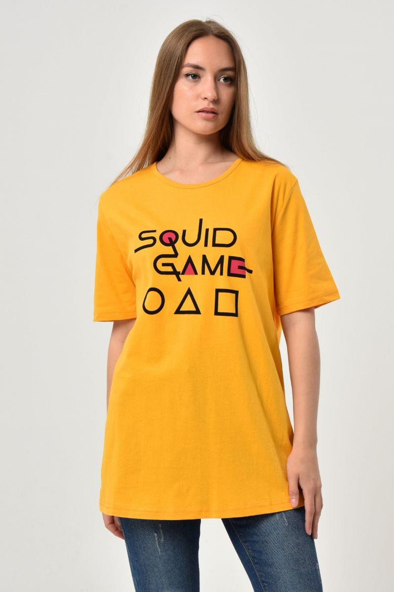 Tshirt Kadın Oversize Squid Game Baskılı T-Shirt Hardal