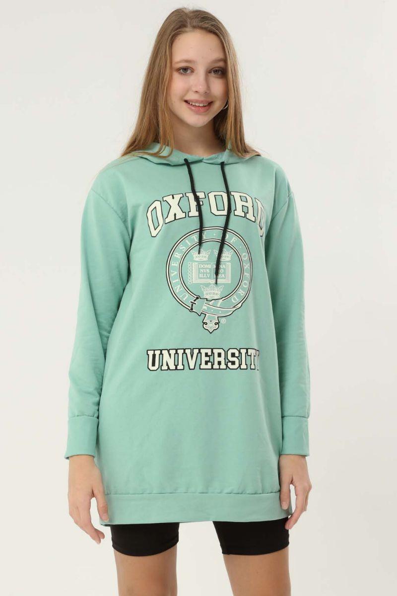 Sweatshirt Kadın Oxford Baskılı Kapüşonlu Sweatshirt Mint Yeşili