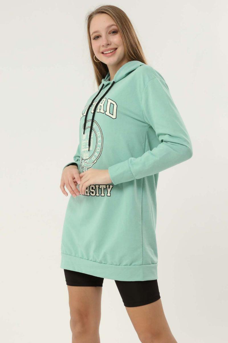 Sweatshirt Kadın Oxford Baskılı Kapüşonlu Sweatshirt Mint Yeşili