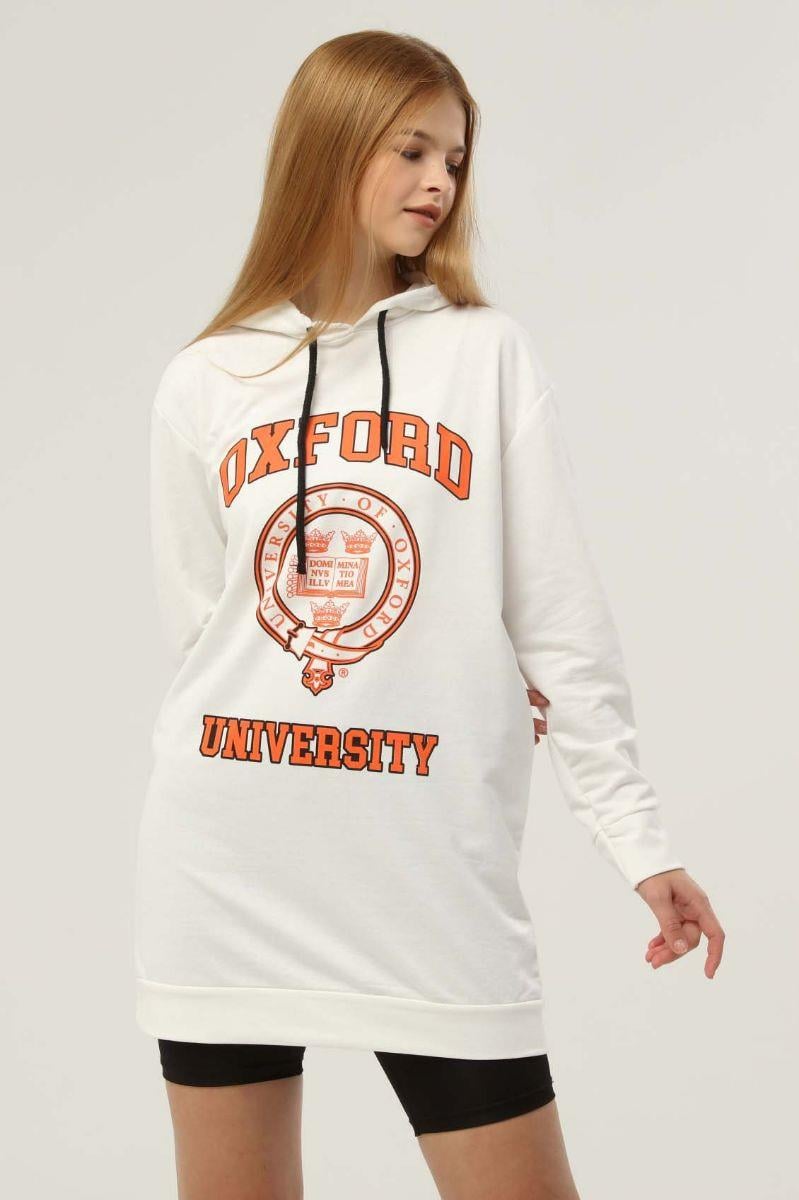 Sweatshirt Kadın Oxford Baskılı Kapüşonlu Sweatshirt Ekru
