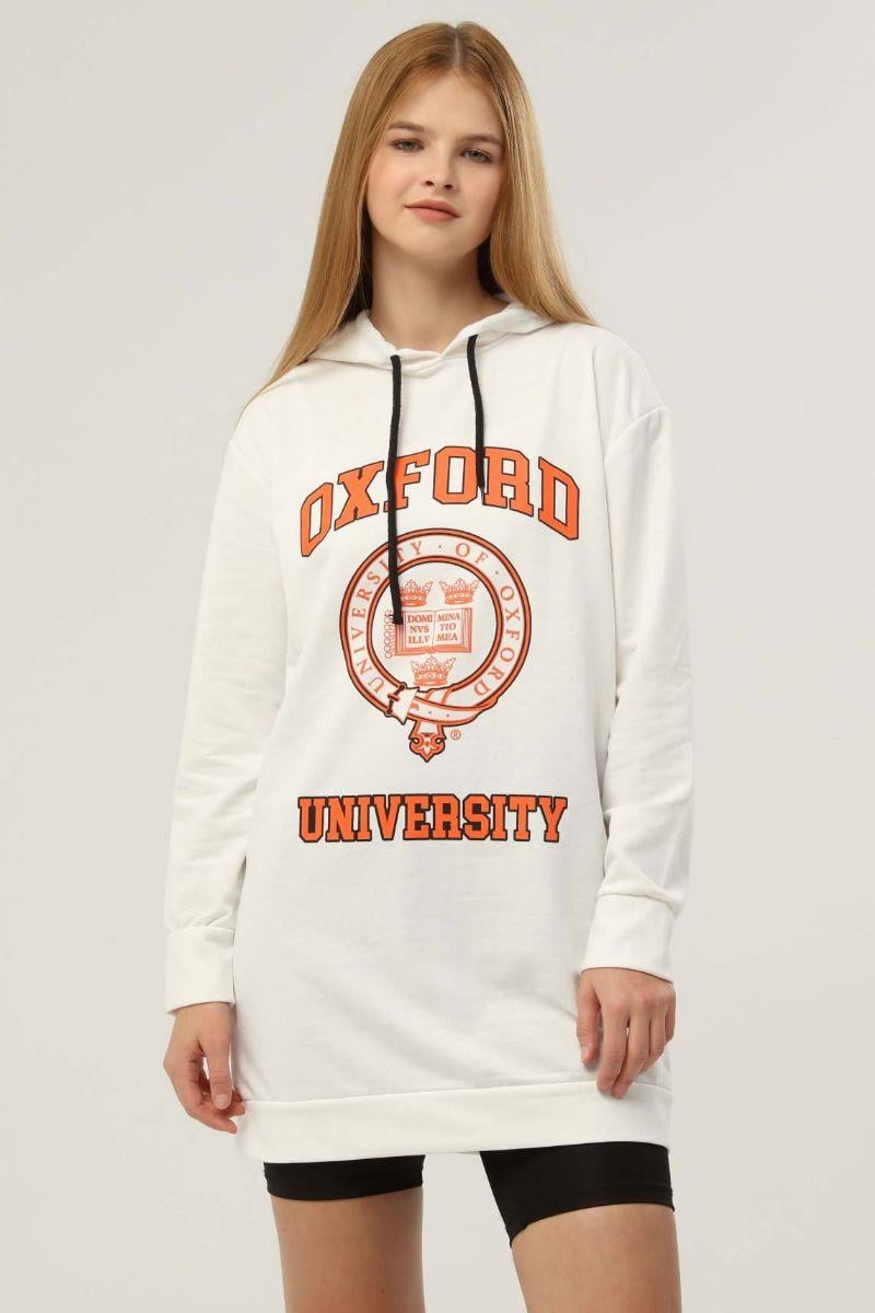 Sweatshirt Kadın Oxford Baskılı Kapüşonlu Sweatshirt Ekru