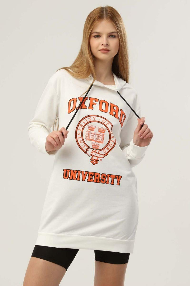 Sweatshirt Kadın Oxford Baskılı Kapüşonlu Sweatshirt Ekru