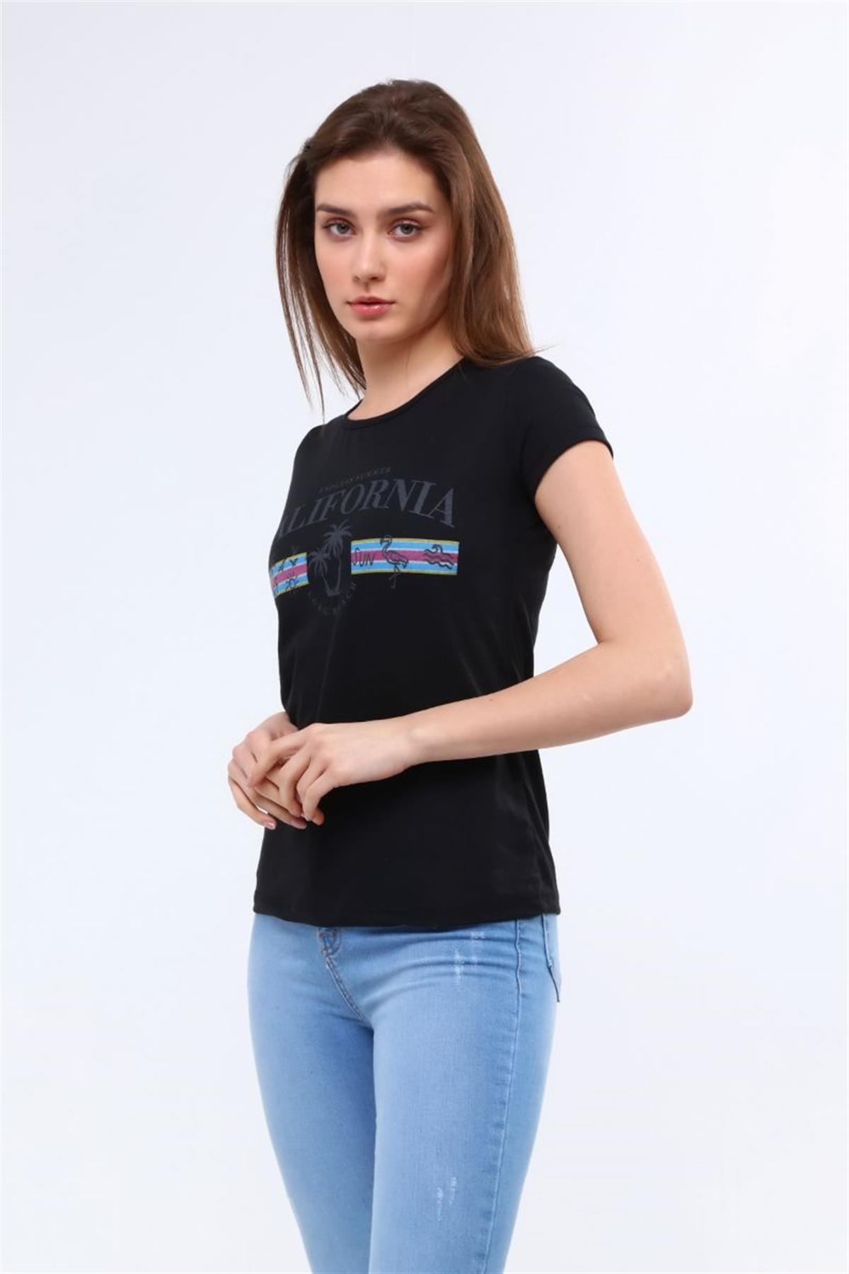 Tshirt Kadın Palmiye Baskılı T-Shirt Siyah