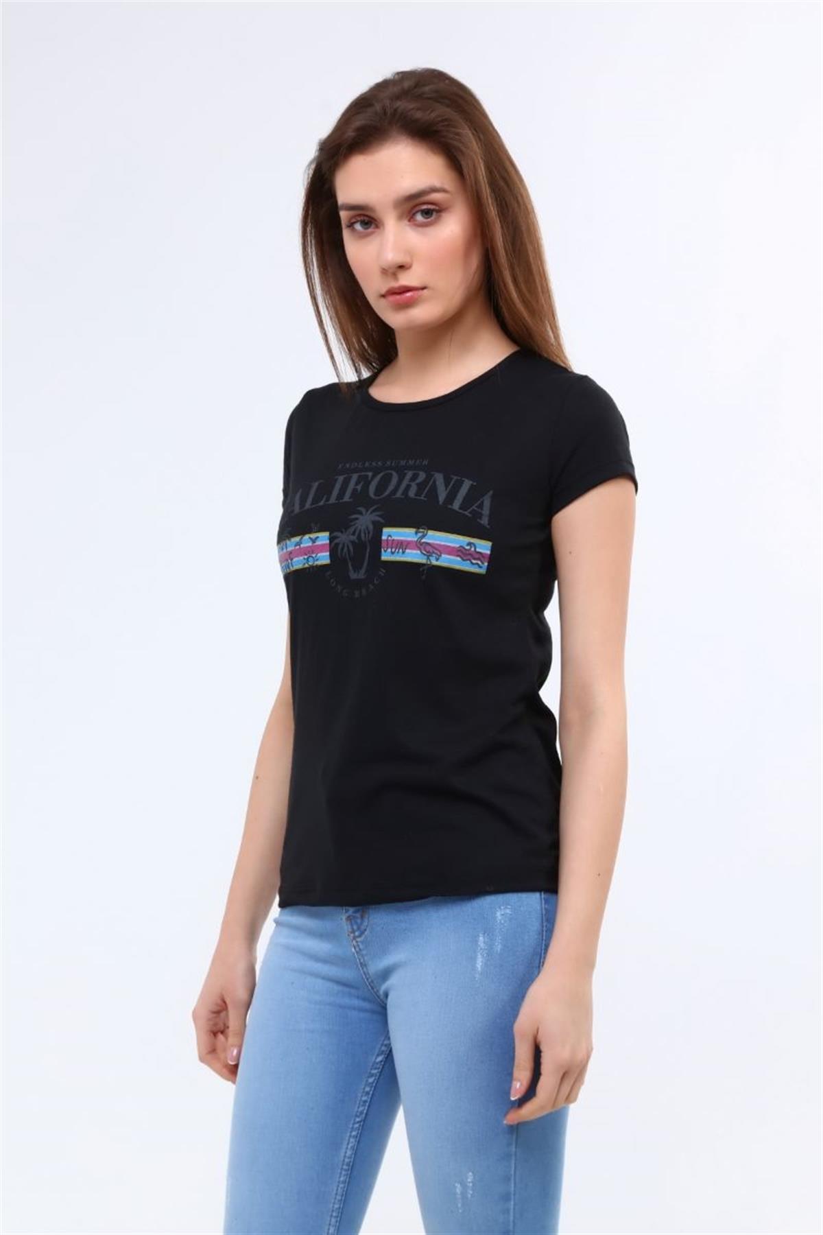 Tshirt Kadın Palmiye Baskılı T-Shirt Siyah