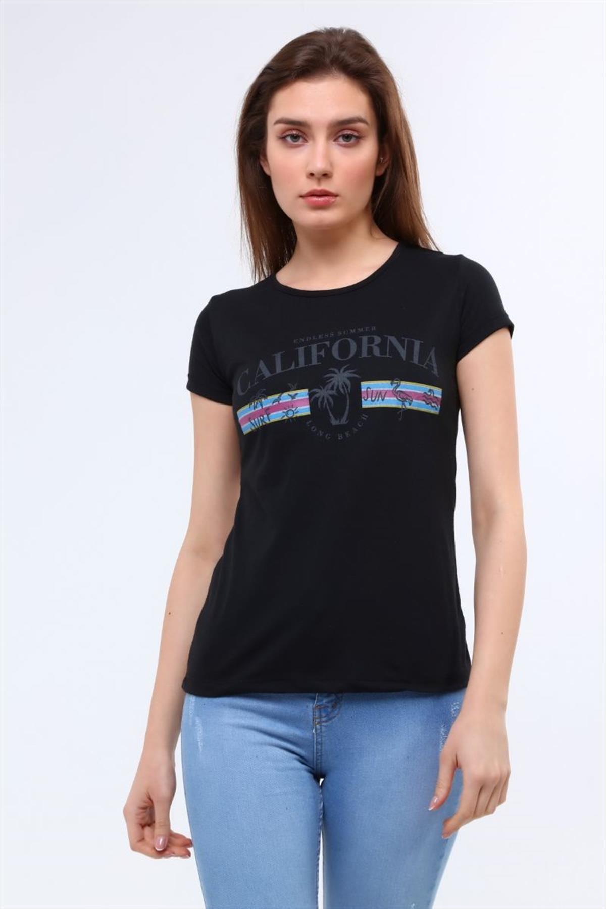 Tshirt Kadın Palmiye Baskılı T-Shirt Siyah
