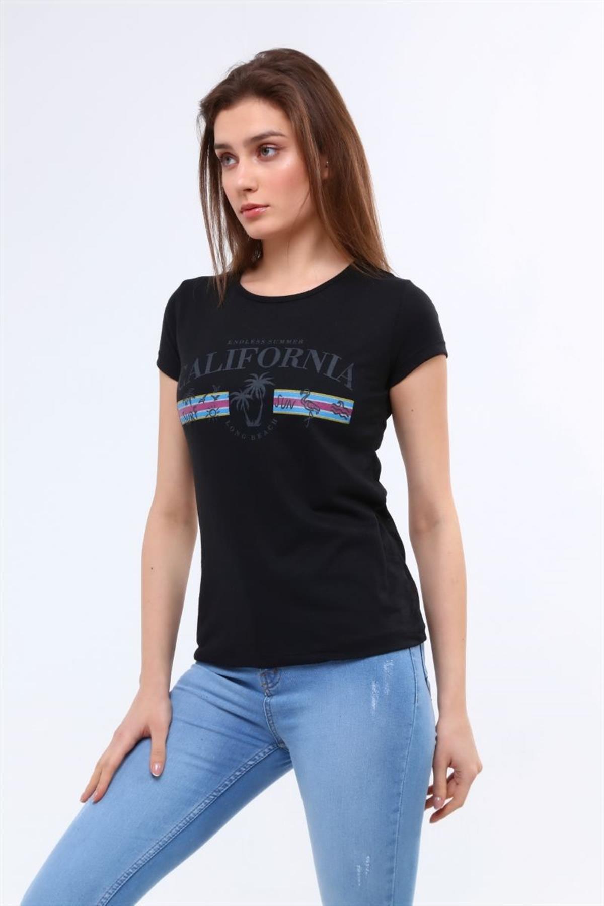 Tshirt Kadın Palmiye Baskılı T-Shirt Siyah