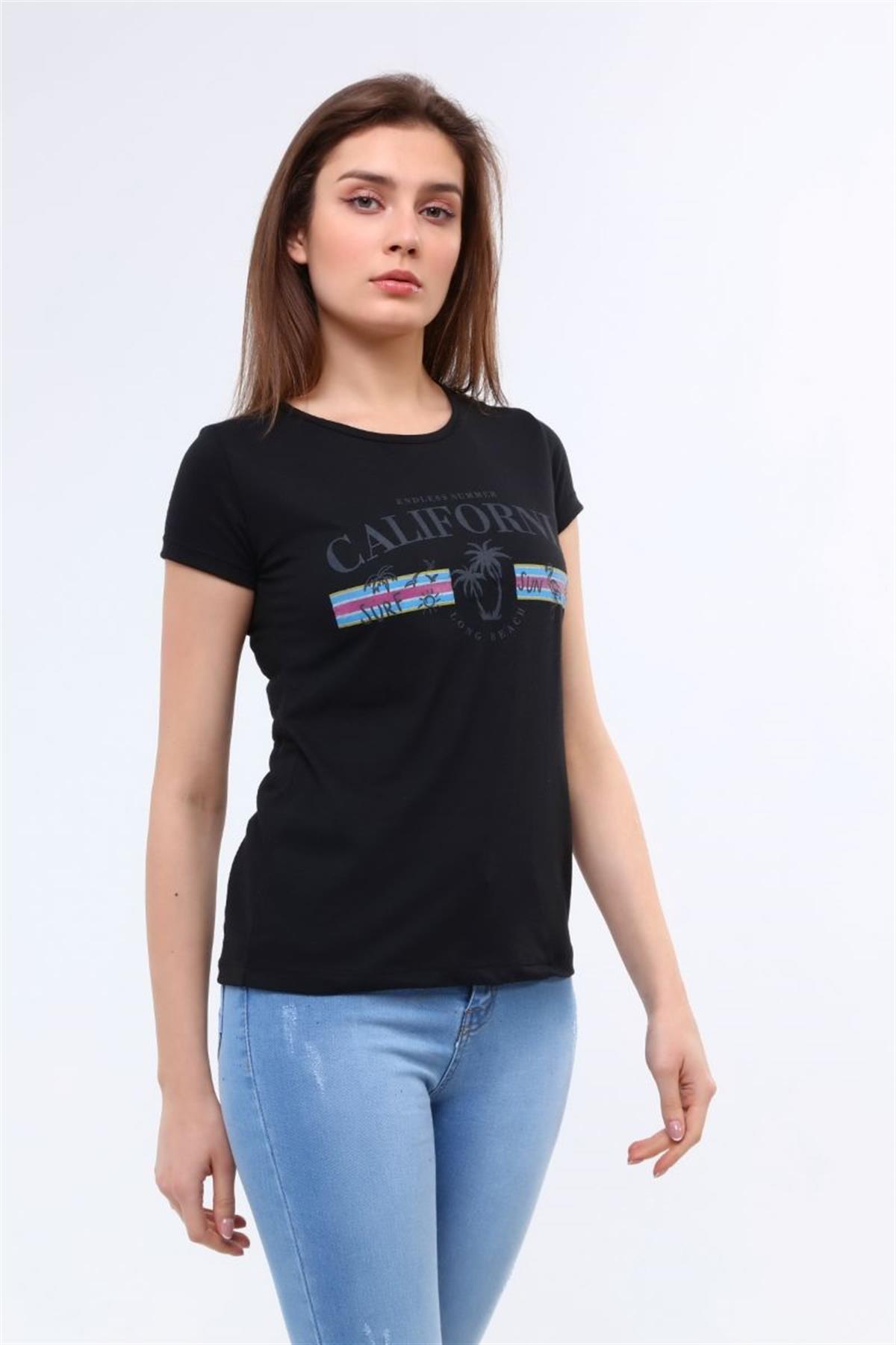 Tshirt Kadın Palmiye Baskılı T-Shirt Siyah