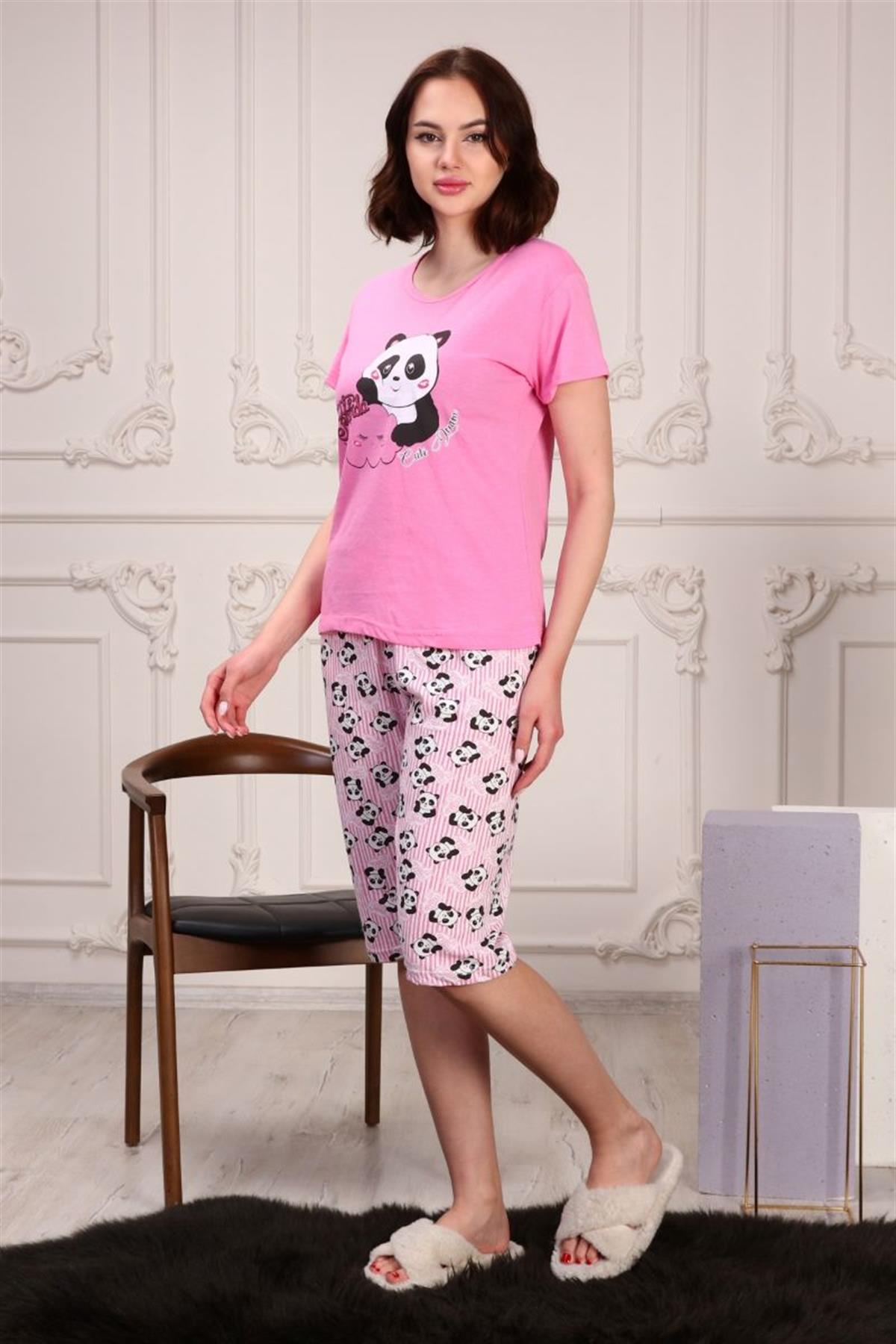 Pijama Takımı Kadın Panda Baskılı Kapri Şortlu Pijama Takımı Pembe