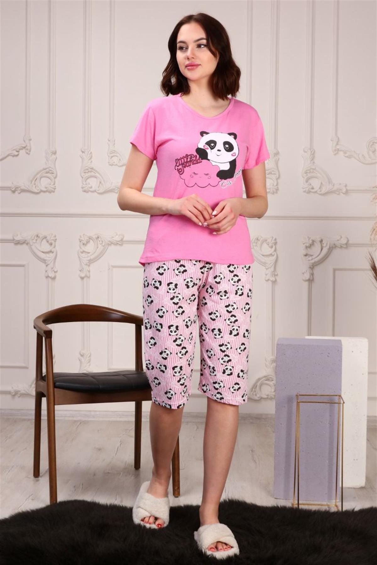 Pijama Takımı Kadın Panda Baskılı Kapri Şortlu Pijama Takımı Pembe