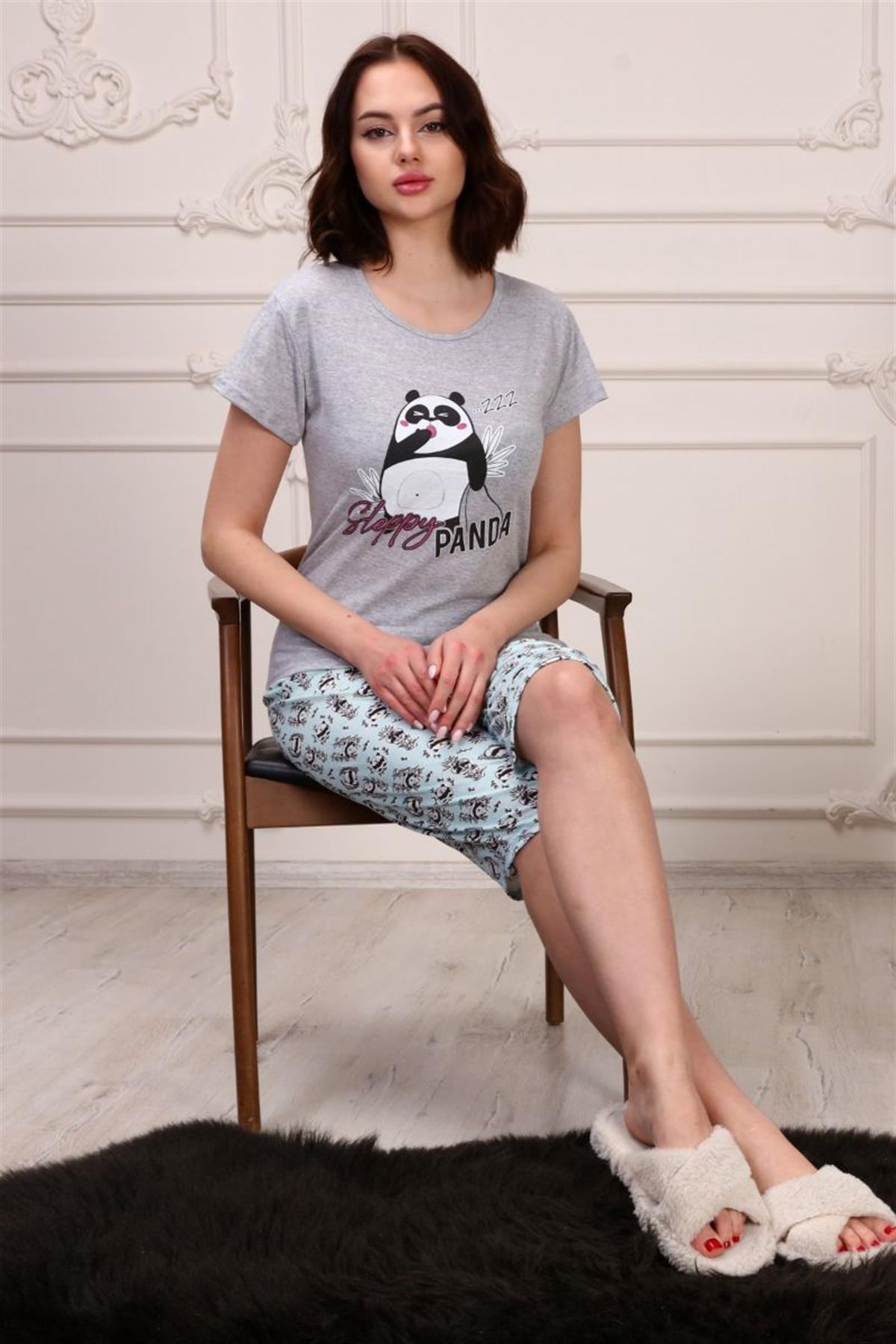 Pijama Takımı Kadın Panda Baskılı Kapri Şortlu Pijama Takımı Gri