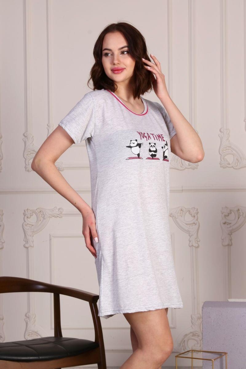 Gecelik Kadın Panda Baskılı Kısa Kol Gecelik Gri