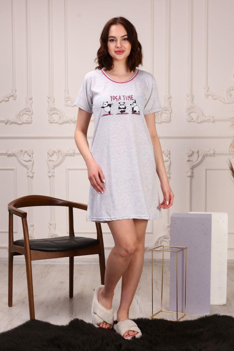Gecelik Kadın Panda Baskılı Kısa Kol Gecelik Gri