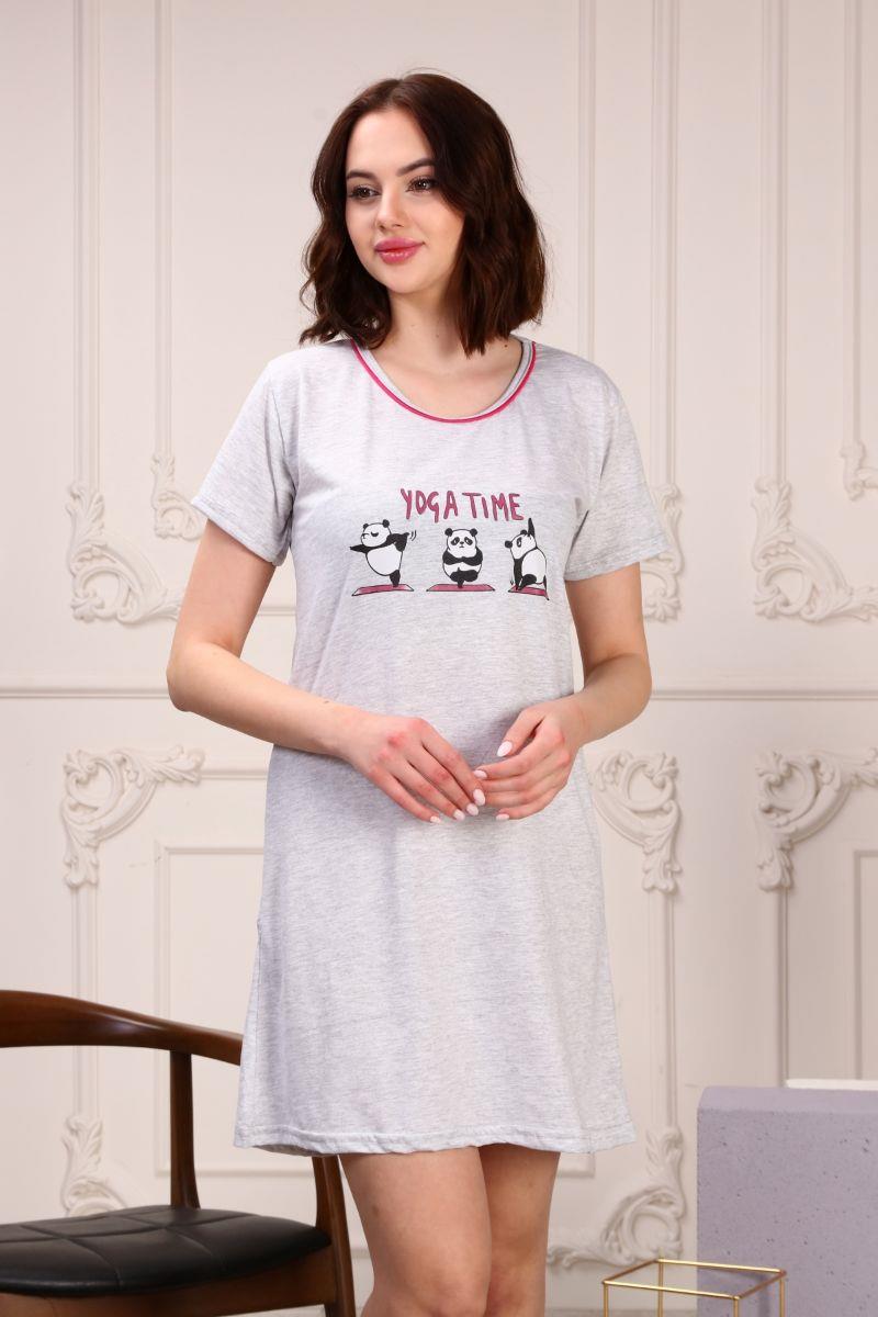 Gecelik Kadın Panda Baskılı Kısa Kol Gecelik Gri