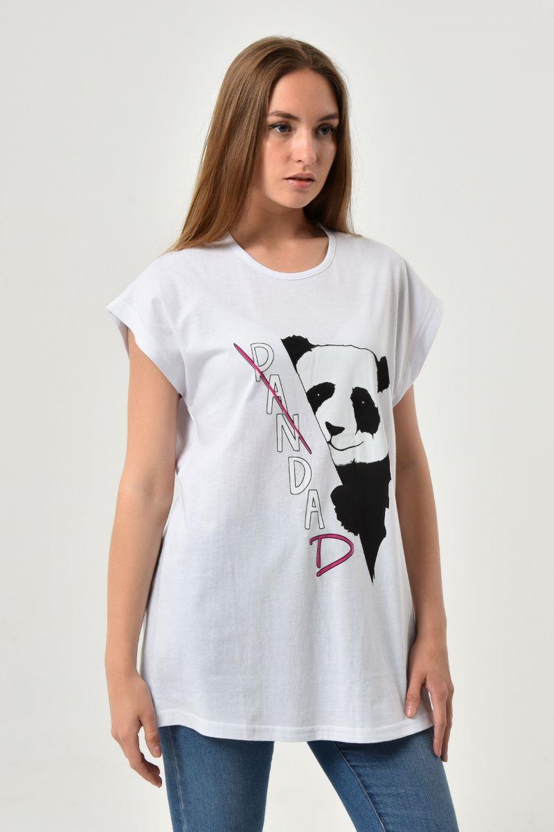 Tshirt Kadın Panda Baskılı Oversize T-Shirt Beyaz
