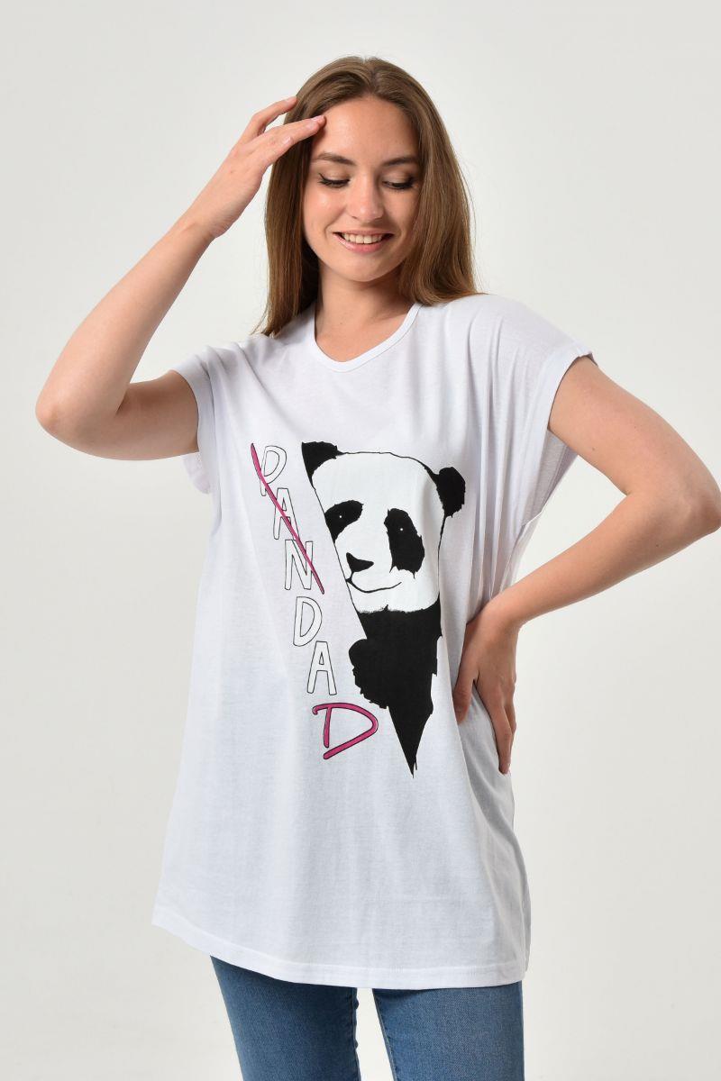 Tshirt Kadın Panda Baskılı Oversize T-Shirt Beyaz