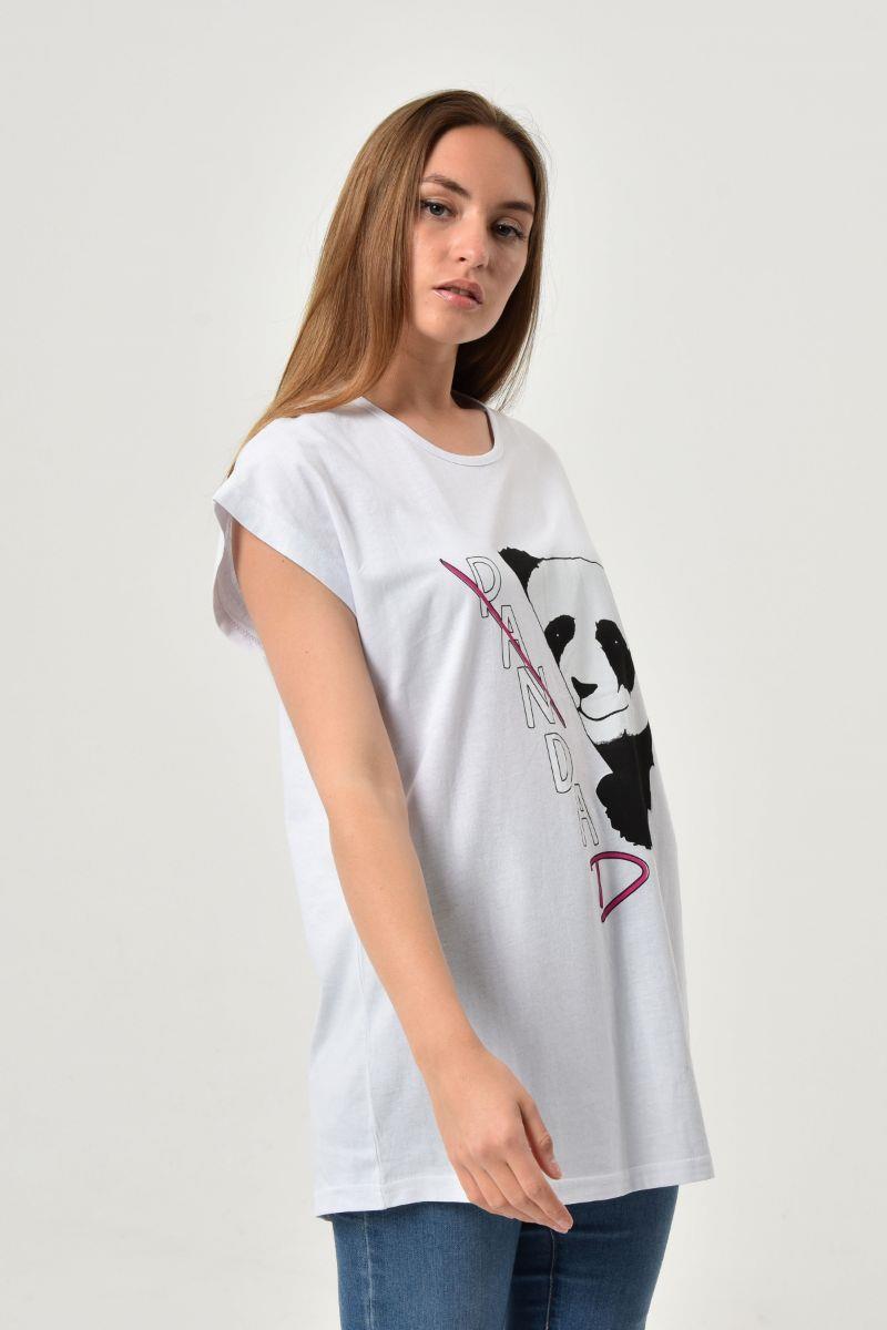Tshirt Kadın Panda Baskılı Oversize T-Shirt Beyaz
