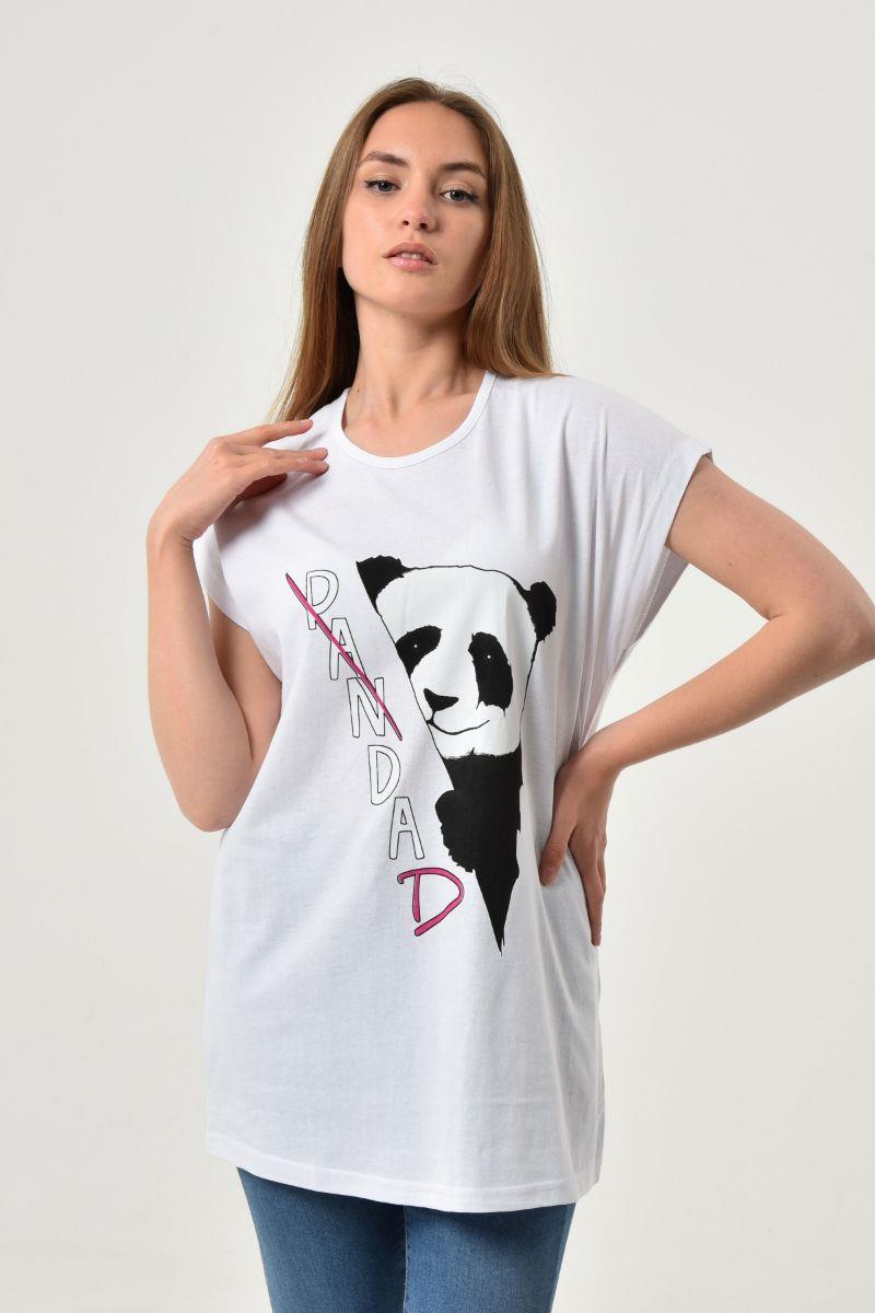Tshirt Kadın Panda Baskılı Oversize T-Shirt Beyaz