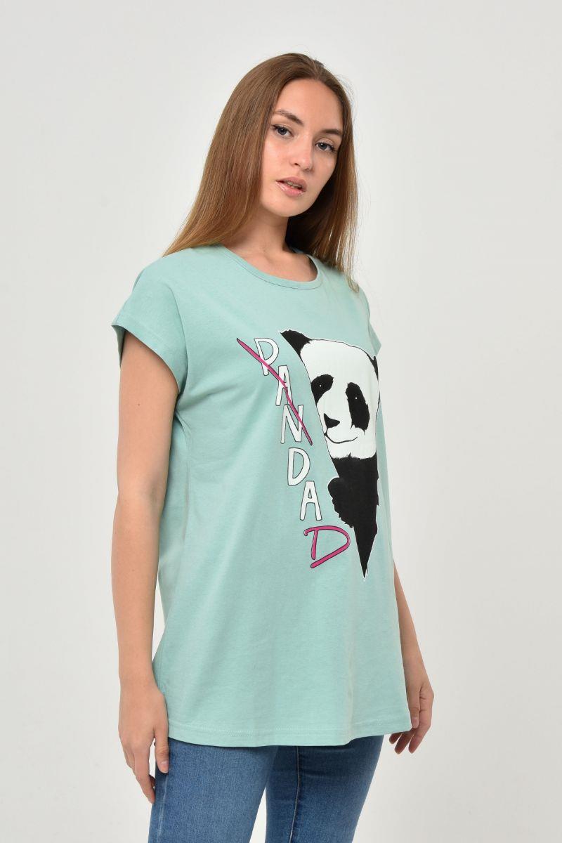 Tshirt Kadın Panda Baskılı Oversize T-Shirt Mint Yeşili