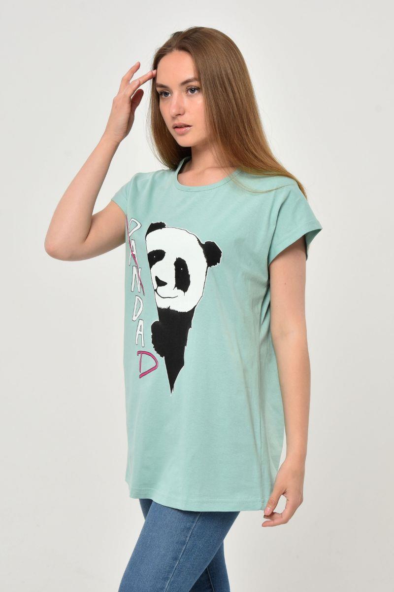 Tshirt Kadın Panda Baskılı Oversize T-Shirt Mint Yeşili