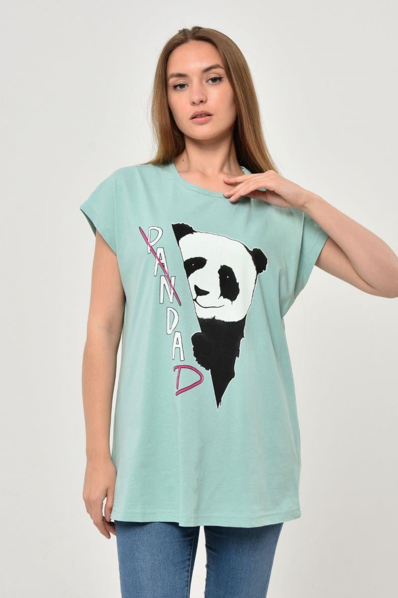 Tshirt Kadın Panda Baskılı Oversize T-Shirt Mint Yeşili