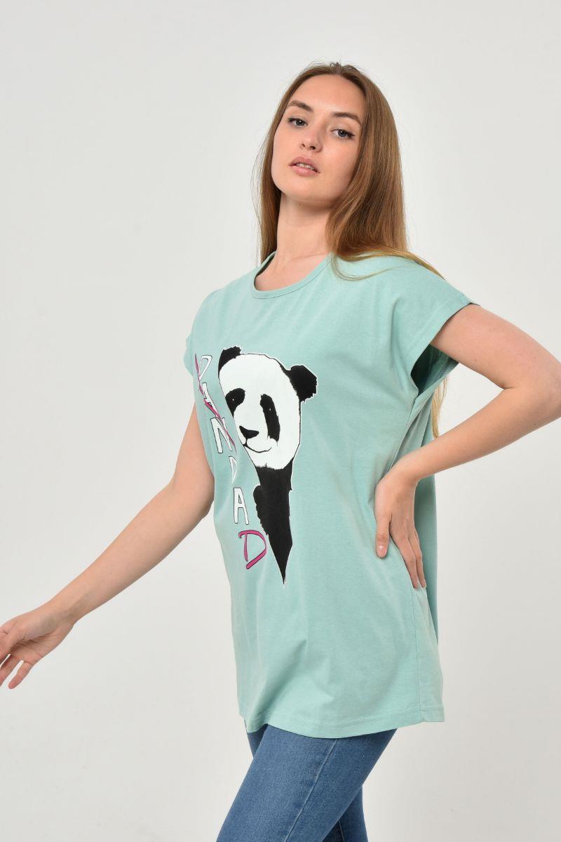 Tshirt Kadın Panda Baskılı Oversize T-Shirt Mint Yeşili