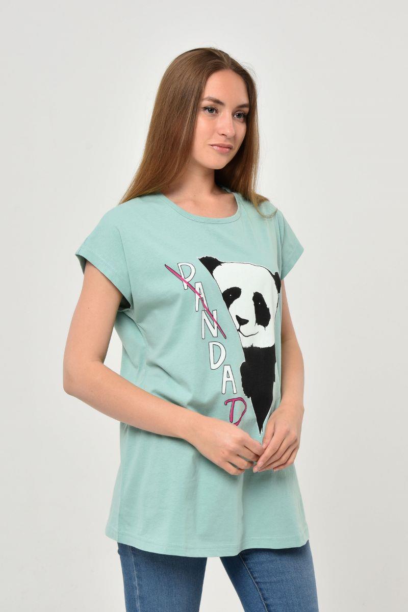Tshirt Kadın Panda Baskılı Oversize T-Shirt Mint Yeşili