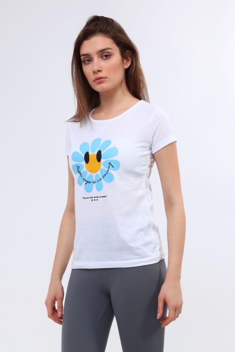 Tshirt Kadın Papatya Baskılı T-Shirt Beyaz