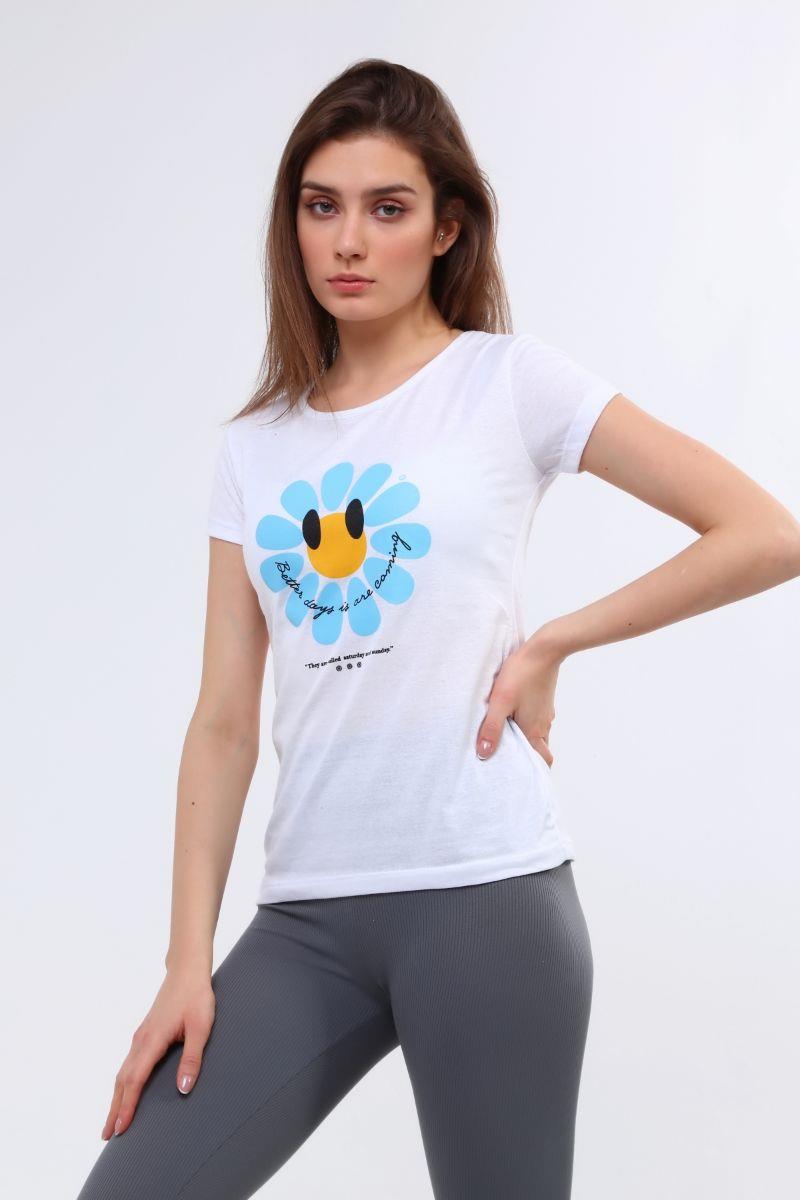 Tshirt Kadın Papatya Baskılı T-Shirt Beyaz